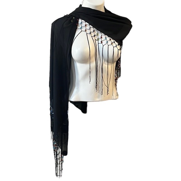 KENNETH COLE REACTION BEADED FRINGED SHEER WRAP BLACK - Picture 1 of 11